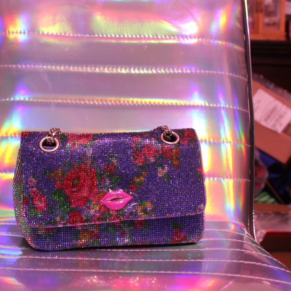 Betsey Johnson Rhinestone Bag Blue with Roses. - Picture 8 of 10
